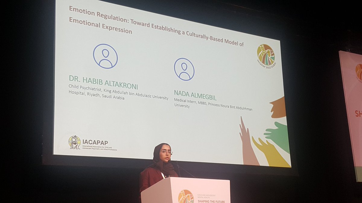 Haltakroni's tweet image. Dr. Nada&apos;s amazing presentation at #iacapap2022 in Dubai this morning. So proud of you and tge research team in @_PNU_KSA college of medicine. 
Emotion regulation toward establishing culturally based model of emotion expression, pilot study.
