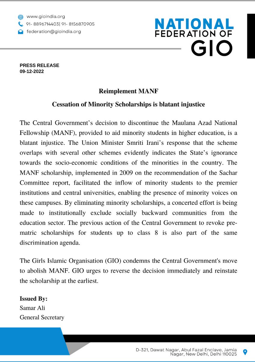 gioofindia's tweet photo. Girls Islamic Organisation (GIO) condemns the Central Government's move to abolish MANF, GIO urges to reverse the decision immediately and reinstate the scholarship at the earliest
#MANF
#Scholarship
#gioindia https://t.co/C802j0P1Y0