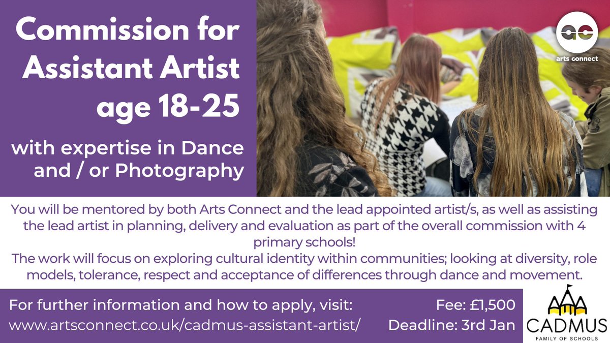ArtsConnectWM's tweet photo. We have a paid opportunity for a young artist to be mentored in planning, delivery and evaluation of the brief: @cadmusschools – ‘Celebrating Cultural Communities’, across West Midland primary schools!

Find out more and apply by 3rd Jan:
https://t.co/sUh5y3ty5D https://t.co/IATo10e8iB