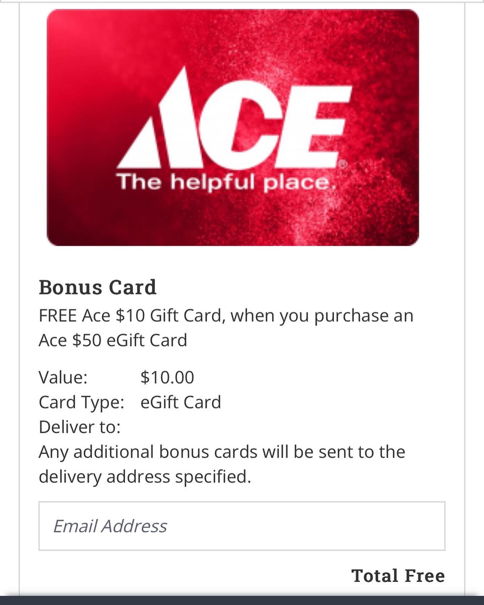 zone_tool's tweet photo. Free $10 GC with $50 GC purchase at Ace Hardware. Use them for 17% off. Or, save them till the 15% off deal at Rakuten. https://t.co/DQV1AMbxDR