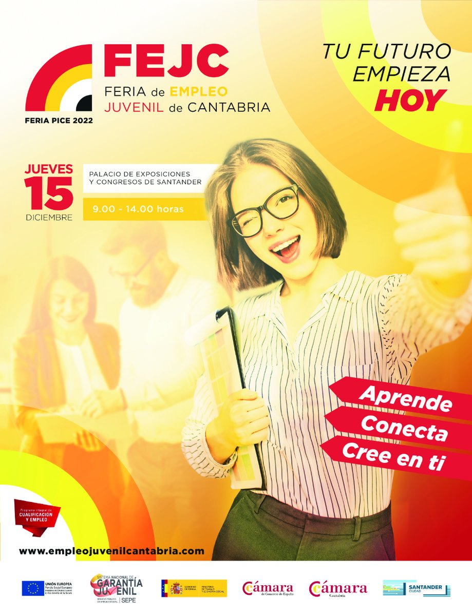 CamaraCantabria's tweet photo. 🗣️@CamaraCantabria te invita a participar en la Feria de #EmpleoJuvenil de #Cantabria donde diferentes empresas brindarán nuevas oportunidades laborales a los jóvenes.

📆15 diciembre
🕙09:00h
📍@PdeExposiciones #Santander

👉https://t.co/xxPoCK1QHY

¡Pronto más novedades! 😍 https://t.co/sPd4qjcsEU