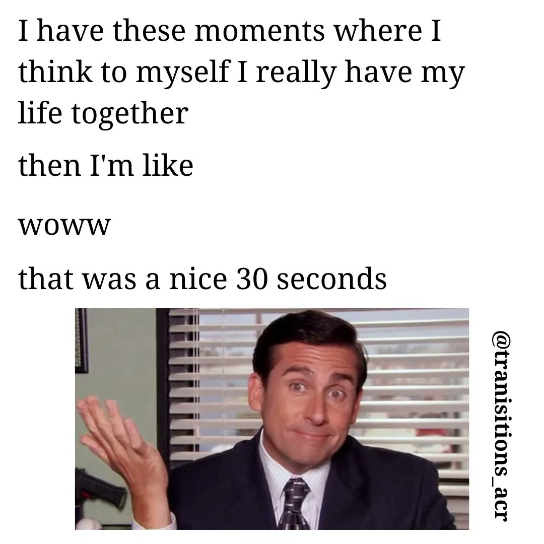 TransitionsACR's tweet photo. A young adult at our center created this.
We could all immediately relate. Anyone else?
#LifeIsCrazy
#LifeIsHard
#MentalHealthMeme
#OneSecondAtATime
#OneMinuteAtATime
#MentalHealthForEveryone
#MemeFriday
#TheOffice
#MichaelGaryScott
#SteveCarell https://t.co/NMHjmsslEj