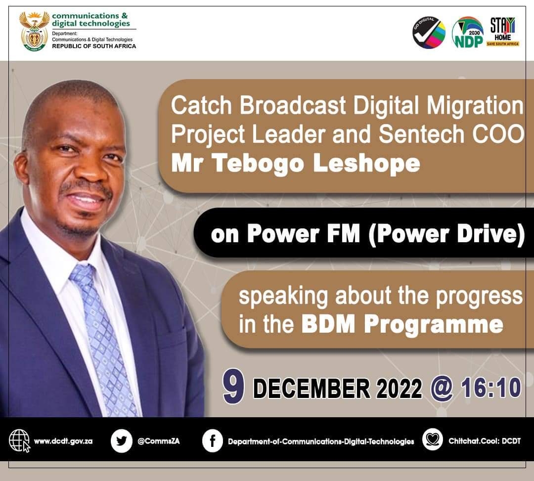 BongekileFilana's tweet photo. Catch the BDM Project Leader and Sentech Ltd. Chief Operations Officer, Mr Tebogo Leshope on POWER 98.7 as he speaks all about the progress of the BDM programme.
#TshintshaUngasali
#GoDigitalSA https://t.co/sEDKM8wiCb
