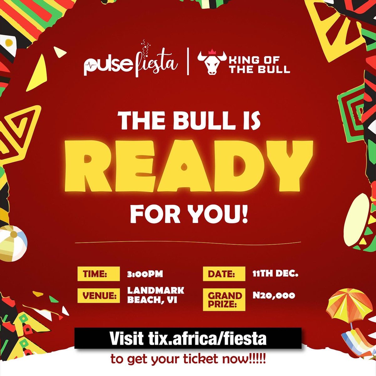 kingofthebull's tweet photo. All roads lead to Pulse Fiesta this weekend! 
The Bull is ready for you!
Next stop 👇🏿 
 Pulse Fiesta 
December 11th 
Landmark Beach VI
-
Get your tickets today and come ride the bull to stand the chance to win N20,000
-
See you there! 
#pulsefiesta #kingofthebull https://t.co/DL8lkKm8i2