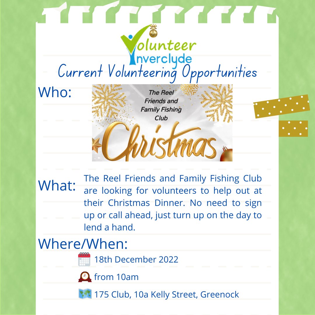 Volunteers required! Can you spare some time to help out at the Reel Fishing Club Christmas Dinner? No sign up required, just turn up on the day to lend a hand: 📅 18th December 2022 🕰 from 10am onwards 🗺 175 Club, 10a Kelly Street, Greenock Thank you!