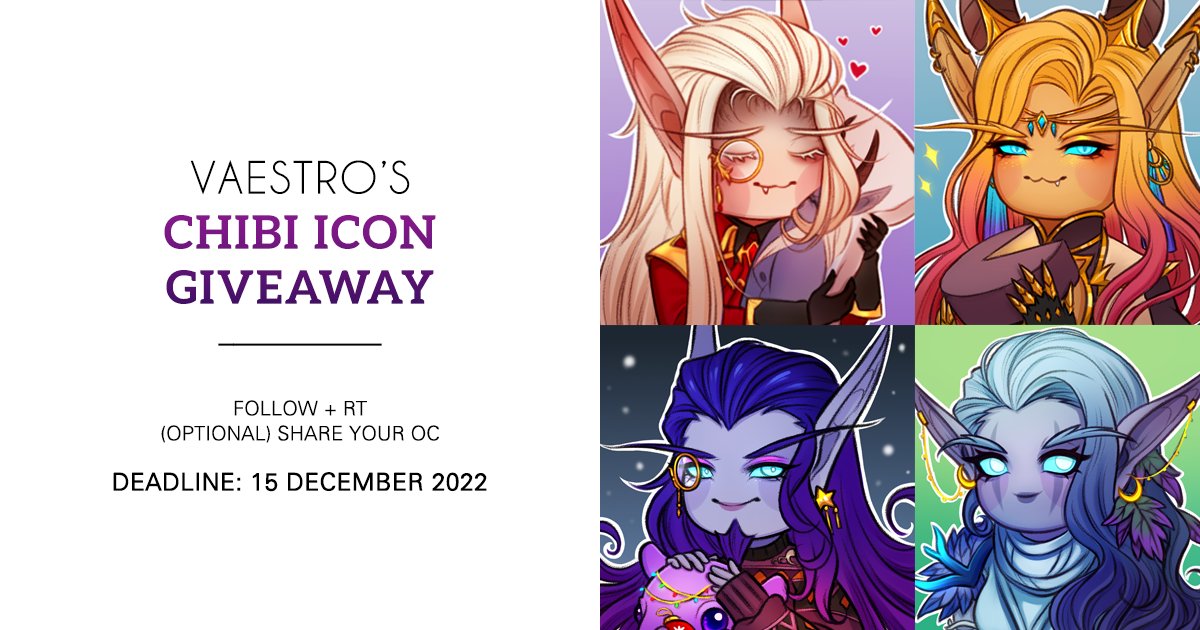 vaestroart's tweet photo. Chibi Icon Giveaway! 🎁✨

To enter: 
✦ Follow me + RT 
✦ (Optional) Share your OC (SFW, any fandom)
✦ NO spam/giveaway accounts 

ONE winner (selected randomly, might add more!)
Prize: Chibi icon of your OC (can be holiday themed!)
Ends: 15 December 2022

Good luck! 💖 https://t.co/GLqDDF7JXm