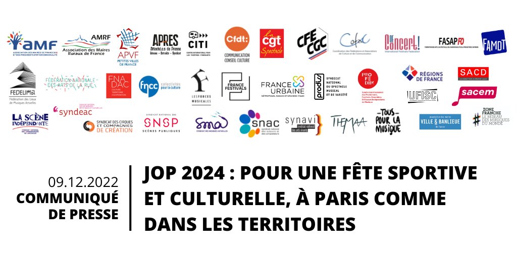 SMA_syndicat's tweet photo. 🔴 Communiqué | JOP 2024 : POUR UNE FÊTE SPORTIVE ET CULTURELLE, À PARIS COMME DANS LES TERRITOIRES
+ de 35 organisations représentantes de collectivités, d'élus et de professionnels signent collectivement
📝https://t.co/UBmCGzrL6i 
#festivals2024 https://t.co/dEaYNHAOtR