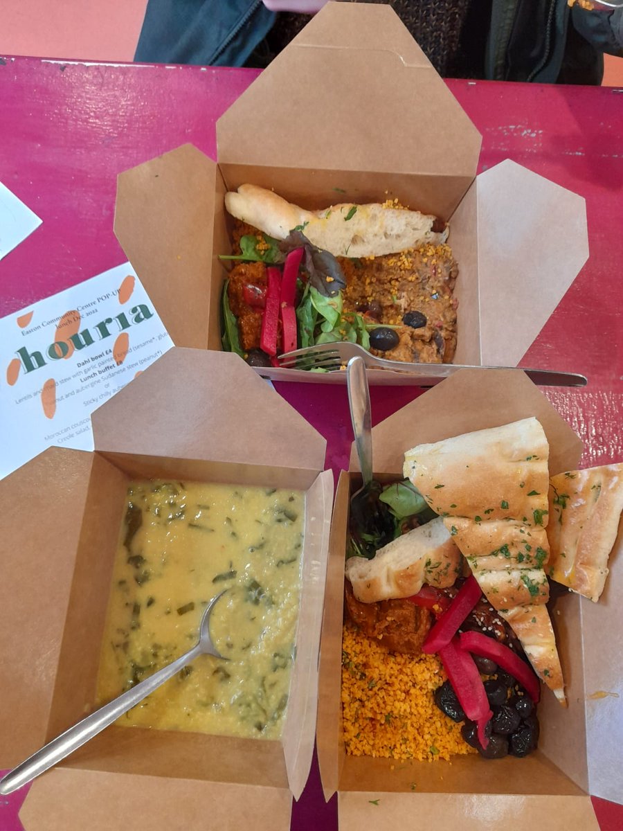 clara_fung's tweet photo. Excited to see @CateringHouria offering super delicious &amp; nutritious food that supports refugee rights &amp; anti-slavery today @upourstreet Easton Community Centre 😋

Expect dahl, peanut aubergine Sudanese stew, sticky chilli aubergine, Moroccan couscous, olives, choc pot &amp; more! https://t.co/dk3EZ7JquX