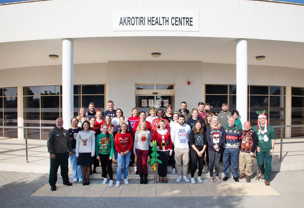 RAF Akrotiri personnel celebrate Christmas with festive jumpers in the glorious sunshine. Personnel donated at least 1 Euro towards #RAFBF #ChristmasJumperDay