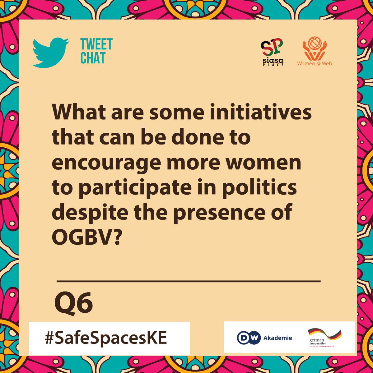 siasaplace's tweet photo. Lastly, what initiatives do you think can help in women participation in politics?
#SafeSpacesKE 
@SteveObuogo @Queerly_So @AmisaRashid https://t.co/FzBn4pSf4U