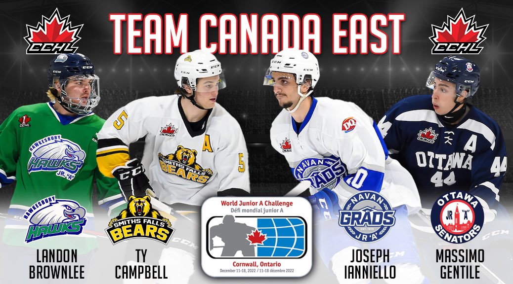 We’re looking forward to watching these four represent Team 🇨🇦 East in the coming days!

Preliminary Schedule 
Sun Dec 11 Vs Latvia @ 1:00PM
Mon Dec 12 @ Canada West @ 7:00PM
Wed Dec 14 @ USA @ 7:00PM
Fri Dec 16 Vs Sweden @ 7:00 PM

📷 icelevel.com
Graphic | Mark Kelly