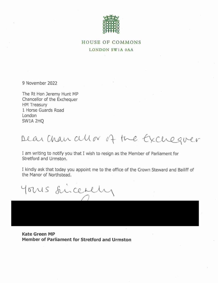 StuartLong01's tweet photo. For those with interest of appointments to the #ChilternHundreds of MPs wishing to leave Parliament, see attach Kate Greens request to the Chancellor of the Exchequer cc @JAHeale @Direthoughts https://t.co/mPMHVnCcdg
