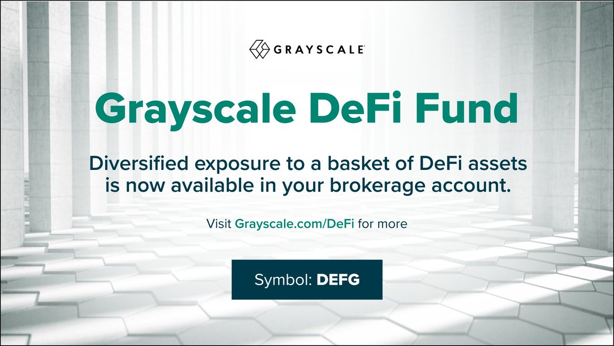 Grayscale's tweet photo. [NEW TODAY] We’re proud to announce that shares of Grayscale Decentralized Finance (DeFi) Fund have begun trading on @OTCMarkets under the symbol $DEFG. https://t.co/fJrHwZwbsP https://t.co/Gmn8B9jr0s