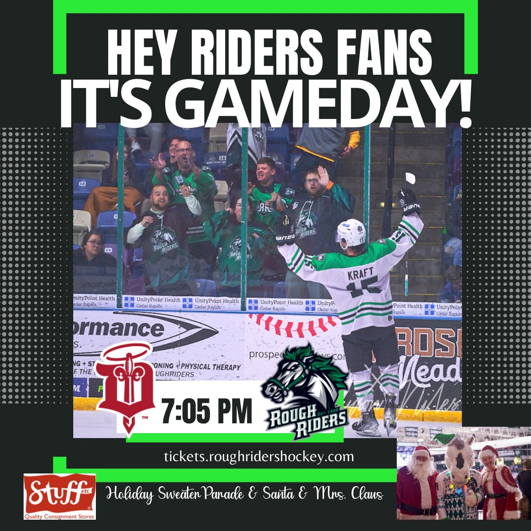 Grab your best holiday sweater and come by the Stable to cheer on your RoughRiders with Santa and Mrs. Claus! It’s a <a href="/Dupaco/">Dupaco Credit Union</a> Cowbell Cup game! Tickets.RoughRidrsHockey.com! Be there!
#letsride #horsepower