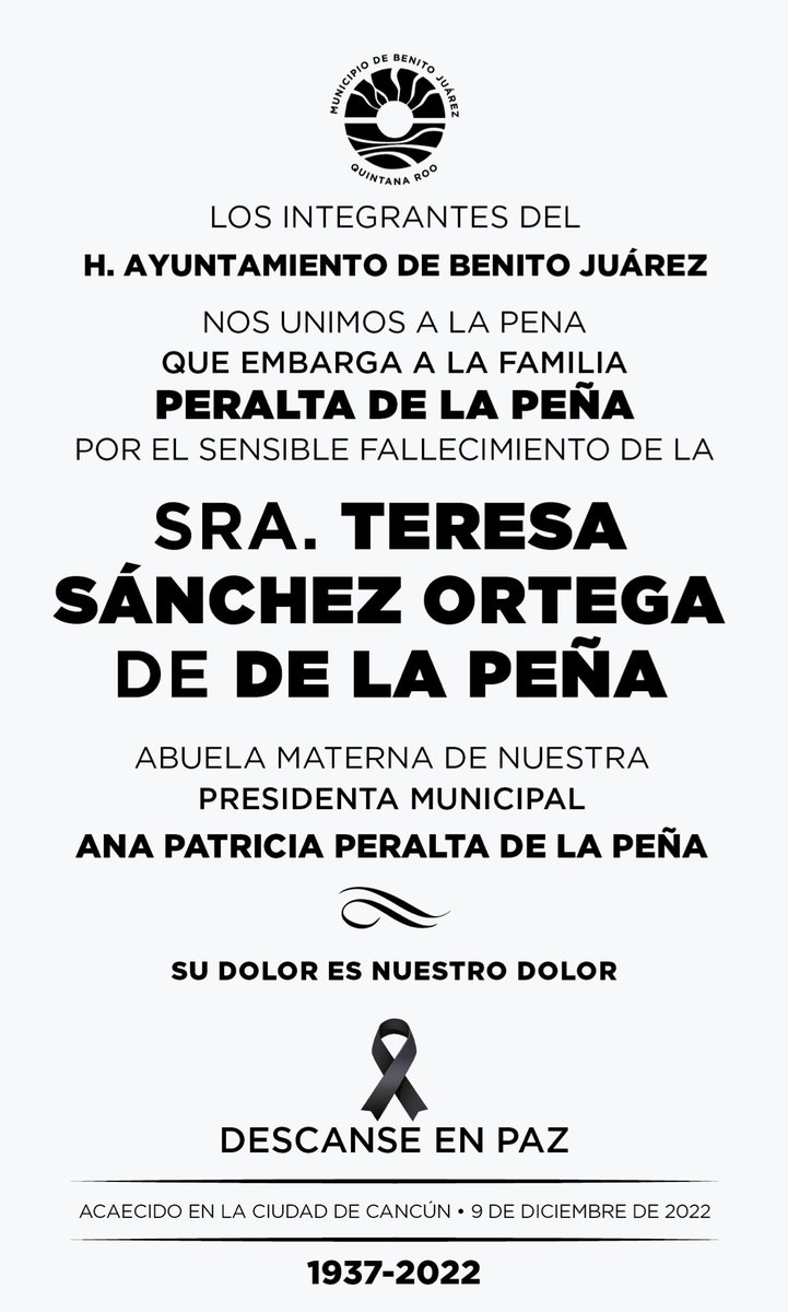 AytoCancun's tweet photo. Nos unimos a la pena que embarga a la familia Peralta de la Peña por el sensible fallecimiento de la Sra. Teresa Sánchez Ortega de De la Peña

Abuela materna de nuestra Presidenta Municipal Ana Patricia Peralta de la Peña.

Descanse en paz. https://t.co/nmuxrzmd3t