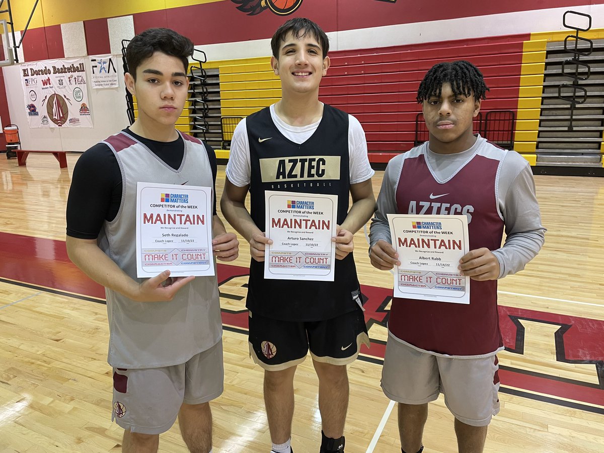 IrvinCoachLo's tweet photo. Character Matters competitors of the week for MAINTAIN: Albert Rabb, Seth Regalado, Art Sanchez. AWTWD! @Coach1Martinez @EDAztecs_HS @MLuera22_EDHS @NLopez_EDHS @Raragon_AsstAD @TeamSISD #OneEmpire @coachcharac7er #RELENTLESS https://t.co/g0oa21s3e7