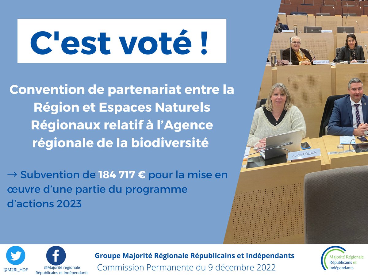 ✅En Commission Permanente, les élus de la Majorité Régionale Républicains et Indépendants viennent de voter  la Convention de partenariat entre la Région et Espaces Naturels Régionaux, relative à l’Agence régionale de la biodiversité et programme d’actions 2023 ⬇ #DirectHDF