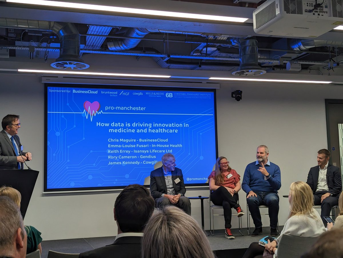 Gendiushealth's tweet photo. Our CEO &amp; Co-Founder Rory speaking on the @BCloudUK panel,

Chaired by @editor_Maguire at the @promanchester Health Tech Conference

Alongside @InHouseHealth1, @isansys &amp; @Cowgills 

#HealthTech22 https://t.co/3XE0QxVQ5t