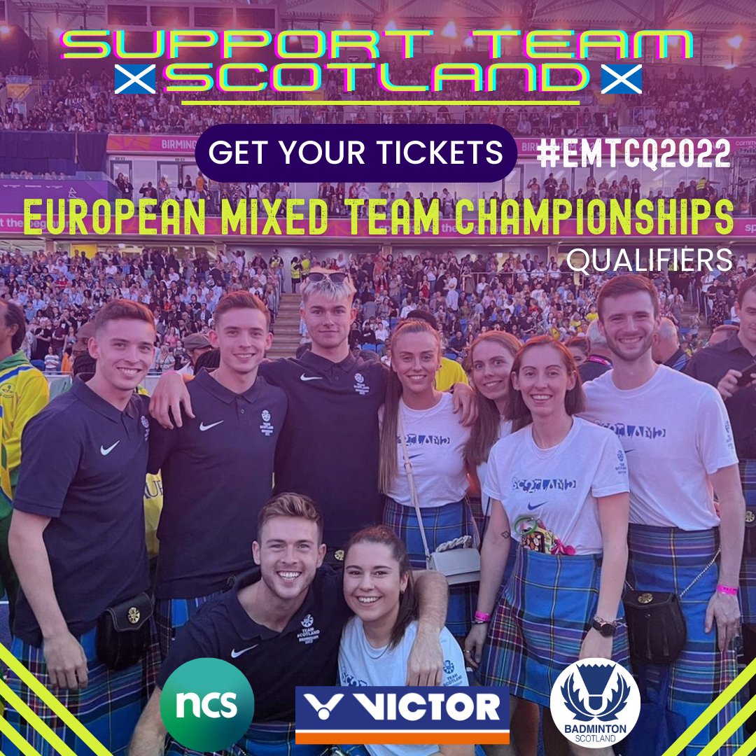 BadmintonScot's tweet photo. SHOW YOUR SUPPORT FOR #TEAMSCOTLAND 🏸

✨ Club social? 
✨ Early Christmas gift?
✨ Badminton mad?

There's still time to get tickets for next week's European qualifier #EMTCQ2022 at Scotstoun! 

Show your support, tickets from £5👇
https://t.co/Esmr3F3aMd

#badmintonscotland https://t.co/CzCRaWxfi8