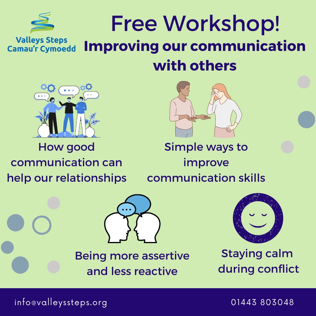 Valleys Steps (@valleyssteps) on Twitter photo FREE workshop - Improving Our Communication with Others 💬
📍 <a href="/HopeBridgend/">Hope Baptist Church Bridgend</a>
📆 Thursday 15th December
⏰ 10.30am - 11.30am
No need to register, simply come along and join us
Also running online Fri 16th December 2-3pm. Sign up here us02web.zoom.us/webinar/regist… FREE workshop - Improving Our Communication with Others 💬
📍 <a href="/HopeBridgend/">Hope Baptist Church Bridgend</a>
📆 Thursday 15th December
⏰ 10.30am - 11.30am
No need to register, simply come along and join us
Also running online Fri 16th December 2-3pm. Sign up here us02web.zoom.us/webinar/regist…