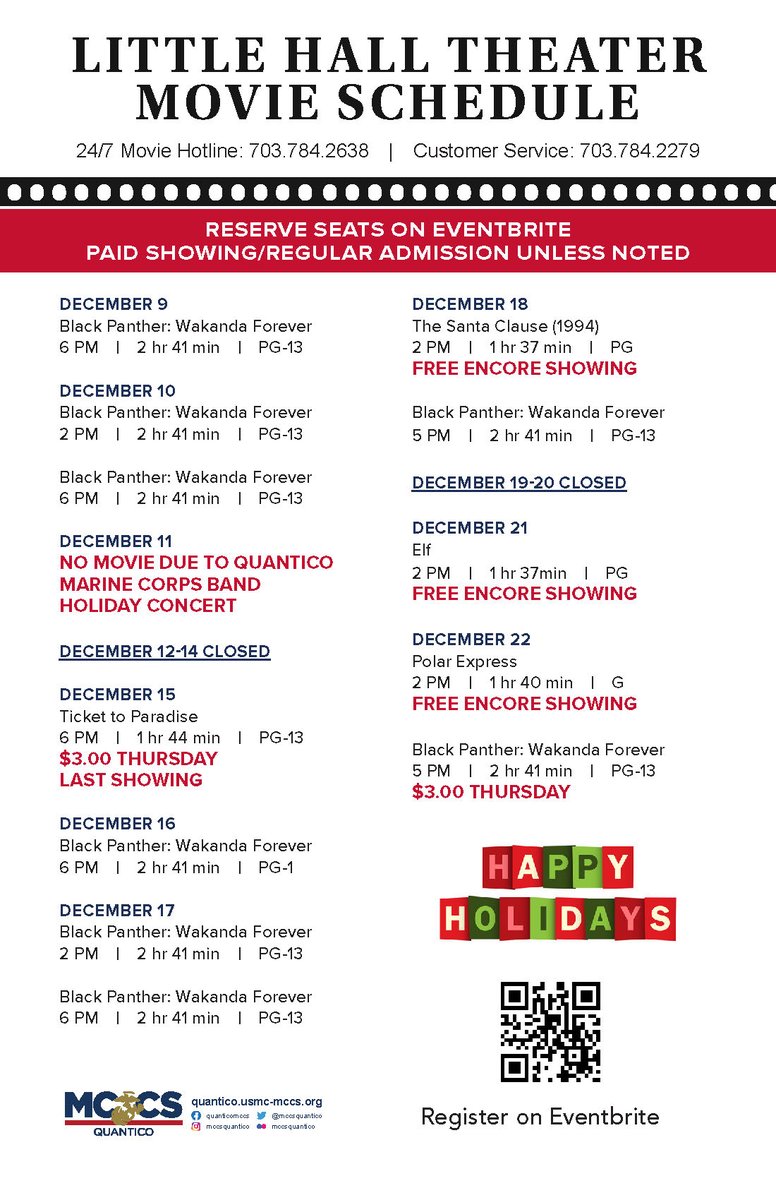 Check out the movies playing between now and December 22. Reserve your Tickets on Eventbrite: ms.spr.ly/6011eMkU7