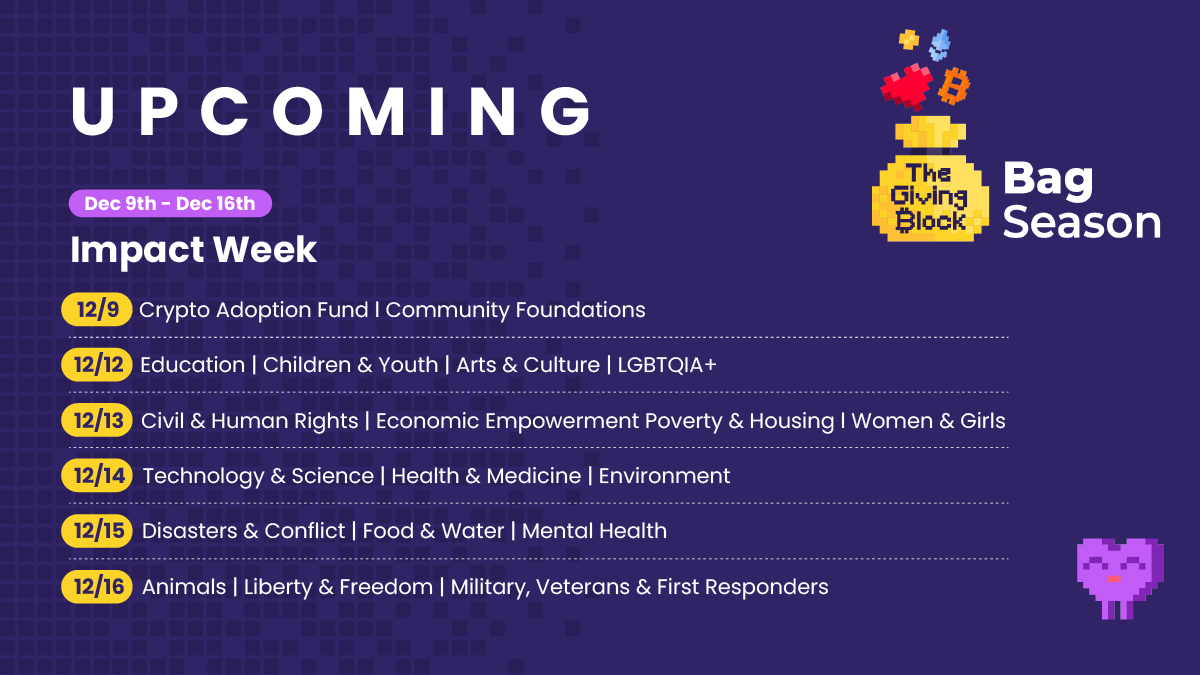 TheGivingBlock's tweet photo. 📅 Mark your calendars! 

We’re kicking off #ImpactWeek on Monday with something *extra* special to help all our nonprofits hit their fundraising goals this #BagSeason!

Stay tuned for more info! https://t.co/ur9NxU6K5j