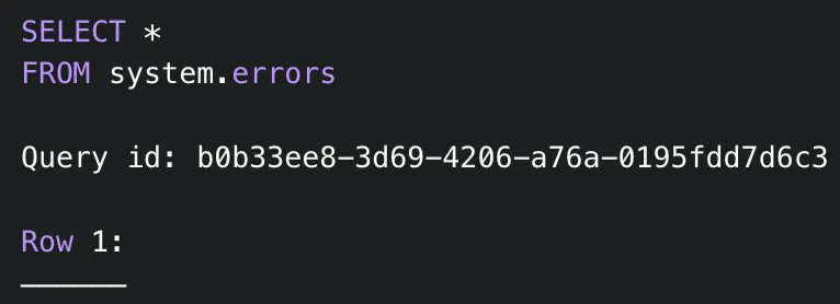 ClickHouseTips's tweet image. Did you know you can use the system.errors table in ClickHouse to see all errors that have occurred since the server started?

More info: tinybird.co/clickhouse/kno…