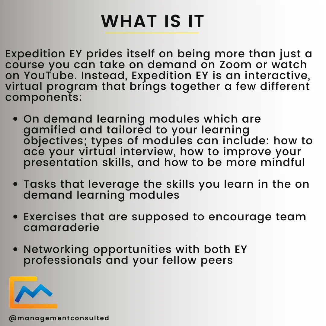 MConsulted's tweet image. Expedition EY is a program for freshmen and sophomores who identify as Black, Latinx, and Native American and want to learn about a career in consulting. 

FULL ARTICLE: buff.ly/3HjDA99 

#eyconsulting #expeditioney #diversityprogram #consultingstudents