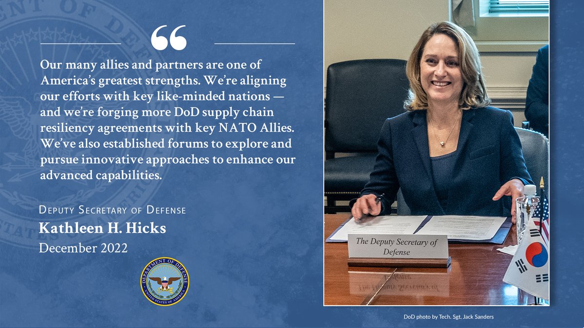 DepSecDefHicks's tweet photo. Our many #allies &amp; partners are one of #America’s greatest strengths. We’re aligning our efforts w/ like-minded nations, forging more supply chain resiliency agreements with key @NATO Allies, &amp; have forums to explore &amp; pursue innovative approaches to enhance advanced capabilities https://t.co/tHIxDlSMMF