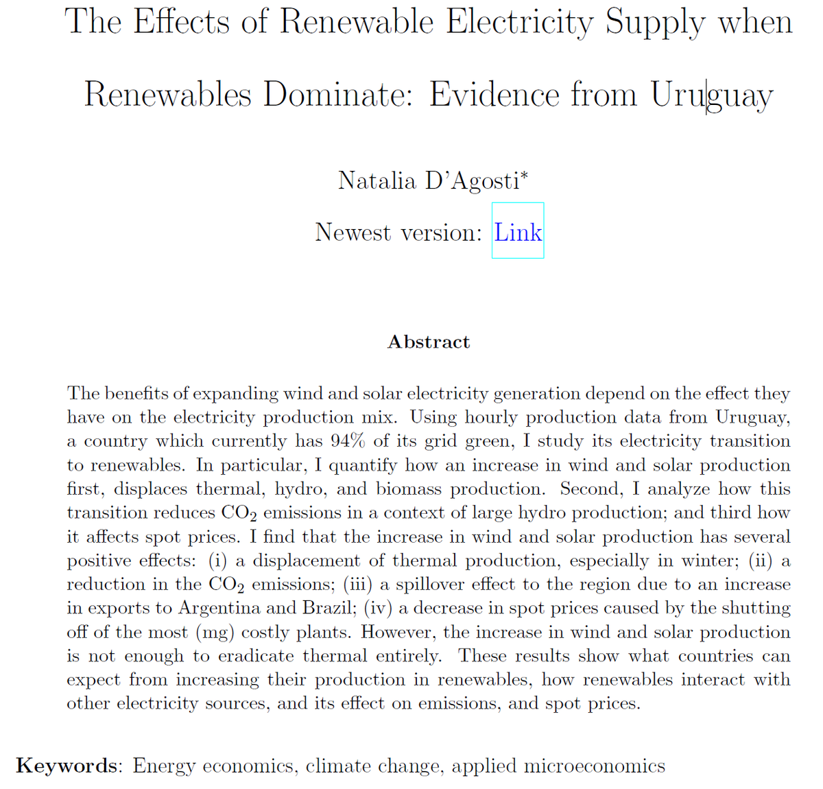 NatiDagosti's tweet photo. Hi #EconTwitter! I'm an applied economist that studies renewable energy (RE) and climate change!

I am in the #EconJobMarket this year

⚡️⚡️What can countries expect from producing (a lot) of wind and solar?⚡️⚡️

My JMP studies Uruguay, a country that has 94% of its grid green 🧵 https://t.co/y1byJwJURQ