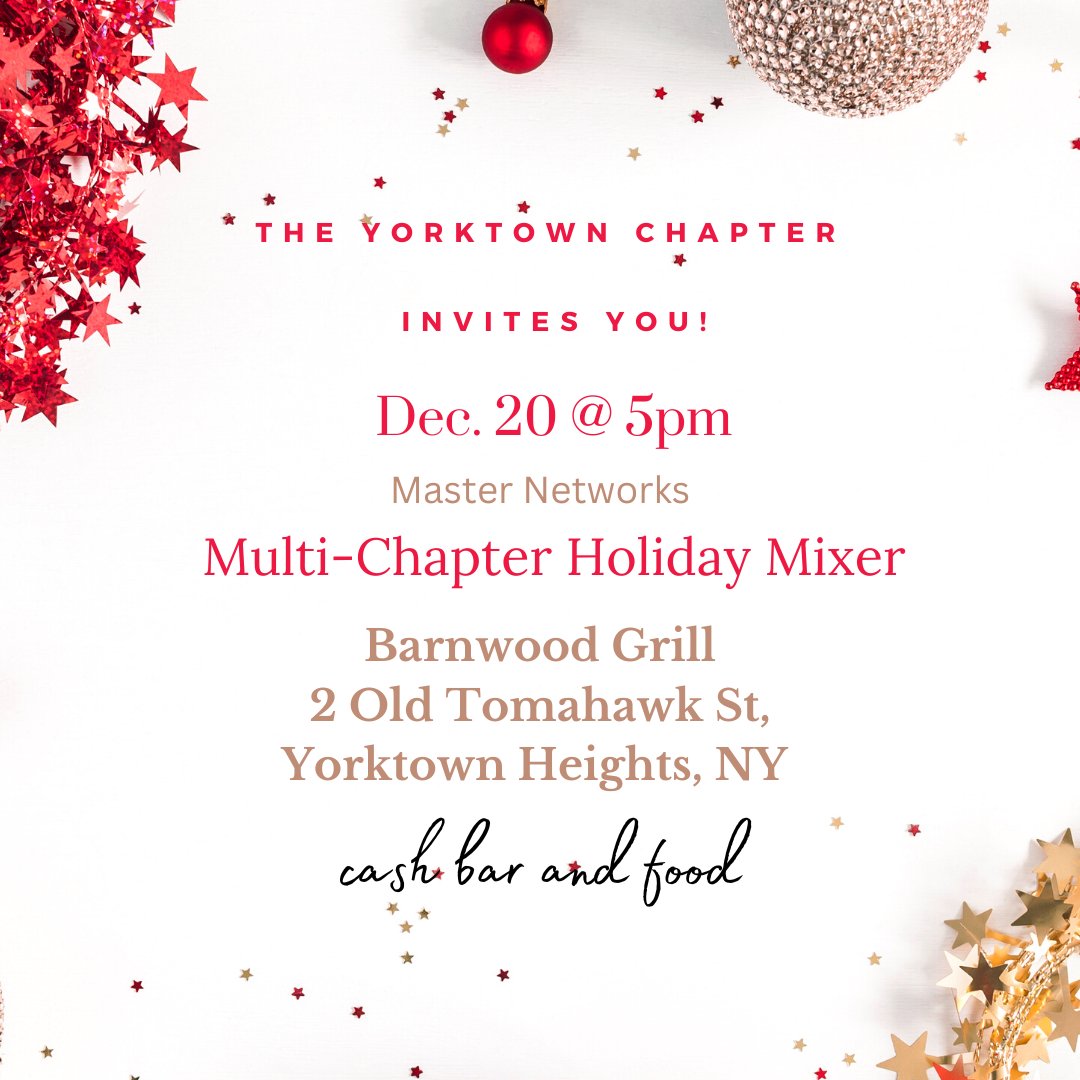 Networking_NY's tweet image. Come join the Yorktown Master Networks Chapter for a pre-holiday Mixer! All are welcome, the more the merrier! Come ring in the Holiday season with an amazing group of business professionals.
🔵
⚫
🔵
#Wearemasternetworks #networkforlife #smallbusiness #entrepreneur #HolidayMixer
