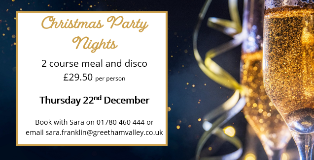 Still looking for a Christmas Party? Join us for our THURSDAY Christmas Party Night!

Enjoy a delicious two course Christmas carvery and dance the night away to a Christmas disco - just £29.50 per person!

For more information: greethamvalley.co.uk/flipbook/chris…