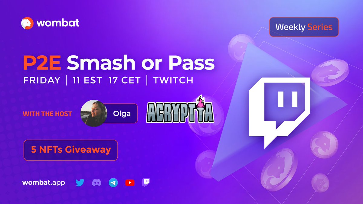 adoptwombat's tweet image. 💥#P2E Smash or pass!💥

🔎We do all the investigation so you don't have to.

Join Olga on Twitch as she plays Acryptia and decides if it gets a smash or a pass! @tacoacryptia 

🗓️Dec. 9 (Today)
⏲️5 PM CET / 11 AM EST
📺twitch.tv/wombatgamers