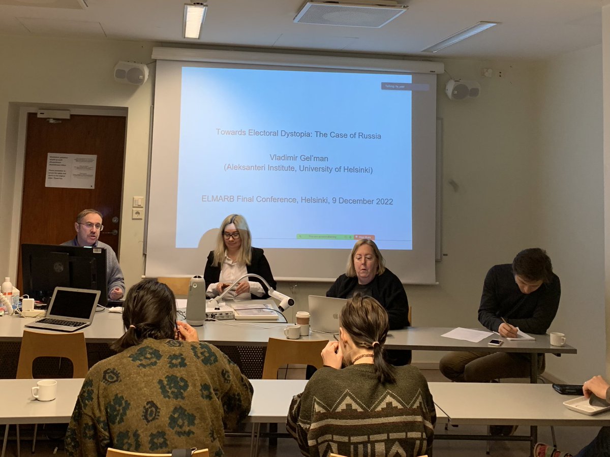 Elena_Holmgren's tweet photo. Our #ElMaRB conference ends with the Roundtable ‘No Future? Elections in the Post-Communist Area ‘, chaired by Andrei Semenov. Vladimir Gel’man, Ora John Reuter (online), Paul Goode (online), Regina Smyth, Margarita Zavadskaya - what a great group of speakers! https://t.co/bRFgzanYbf