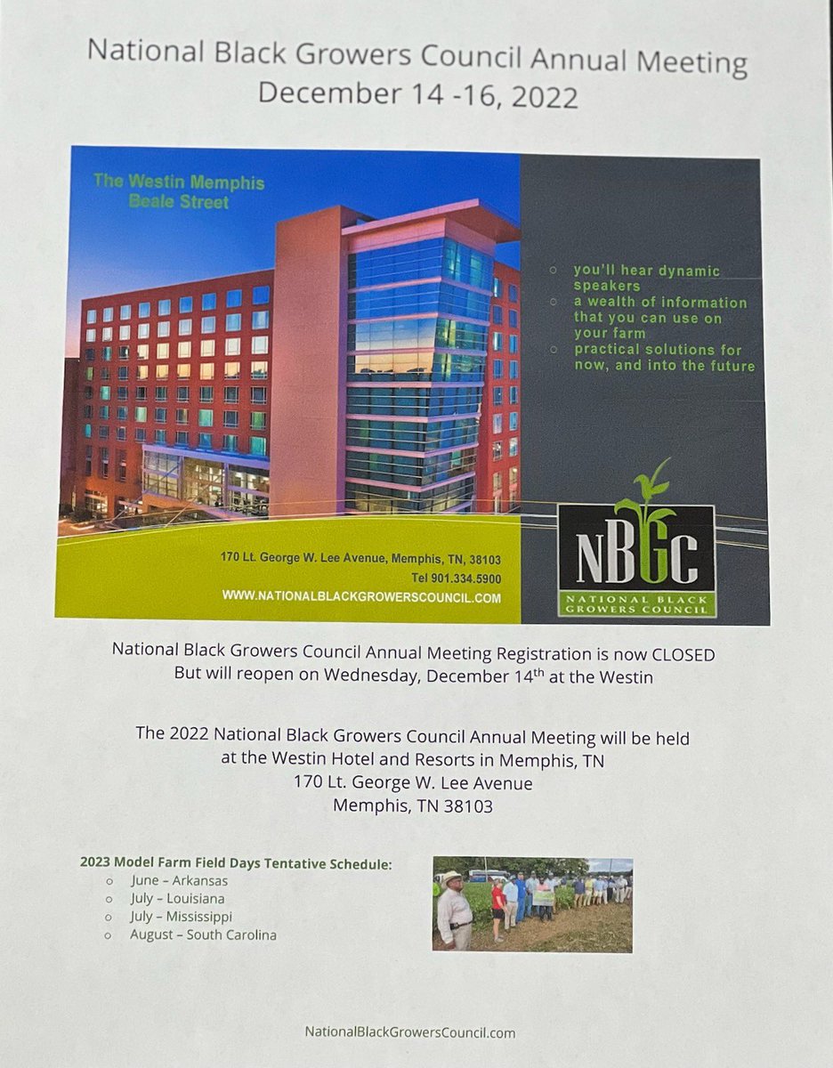 I’m looking forward too seeing everyone at the National Black Growers Council meeting next week in Memphis. Follow us on social medial and go to our website for additional information.
#nationalblackgrowerscouncil #supportblackfarmers #usda