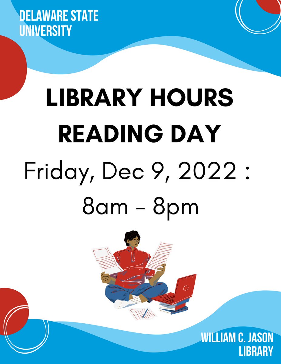 dsu_library's tweet photo. Happy Reading Day! The W.C. Jason library (main campus) and Parker library (Downtown campus) will both be open until 8pm today, Dec. 9, to help you prepare for finals! https://t.co/ampYSlrkXJ