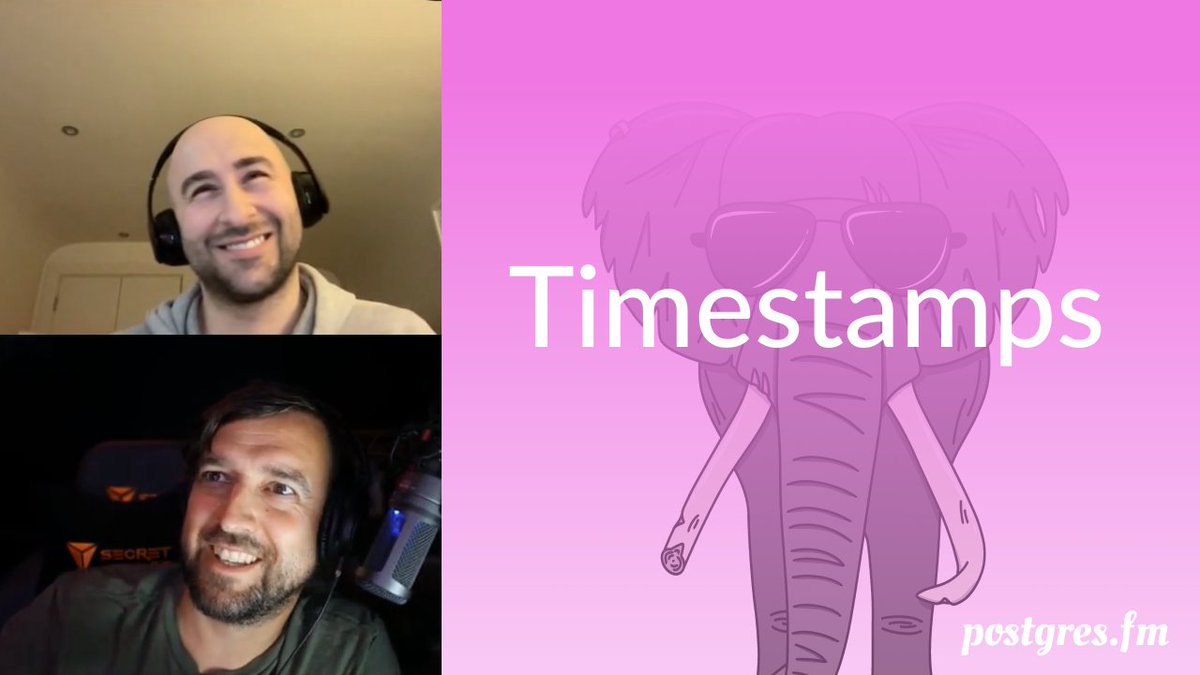 New episode: “Timestamps” This week we discussed timestamps and time math in Postgres — particularly around data type choice, functions available, and some things to watch out for! 🎙️ postgres.fm/episodes/times… 📺 youtube.com/watch?v=HXemDd…