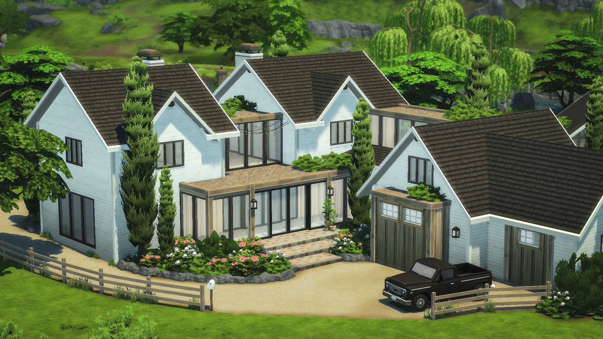 cozyindi's tweet photo. thinking of furnishing this diagonally built modern farmhouse 👀 #thesims4 https://t.co/QyZDZlvIR5
