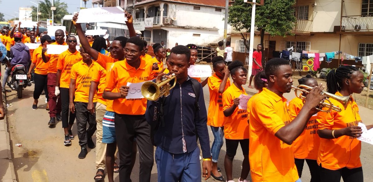 SosLeone's tweet photo. @SosLeone ended the 16 Days Activism Campaign with a procession around the #Lumley community to raise awareness on ending GBV. Earlier, male staff of @SosLeone were engaged  in a #Heforshe commitment session by @mtaylorpearce and Mr. Ade Adebiyi. #EndGBV #OrangeTheWorld https://t.co/uNchAnKOAh