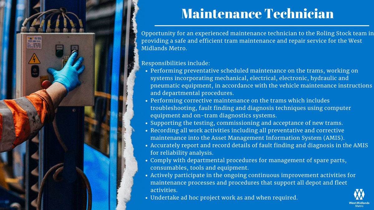 WMmetro's tweet image. Calling all Maintenance Technicians! 🛠️

We have an exciting opportunity for an experienced Maintenance Technicians to join our team. Is this you?
Apply today: bit.ly/3fLBzHs

#WeAreMetro #MetroMatters #maintenance #opportunity #trams #engineers #hiring #technicians