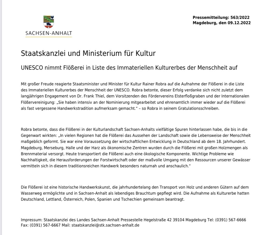 DrThiel's tweet photo. Vielen Dank, Herr Staatsminister Robra, im Namen der Flößergemeinde für die anerkennenden Worte! #intangibleculturalheritage #UNESCO #timberrafting #flößerei #sachsenanhalt @STK_LSA https://t.co/dVrM1wUWcp