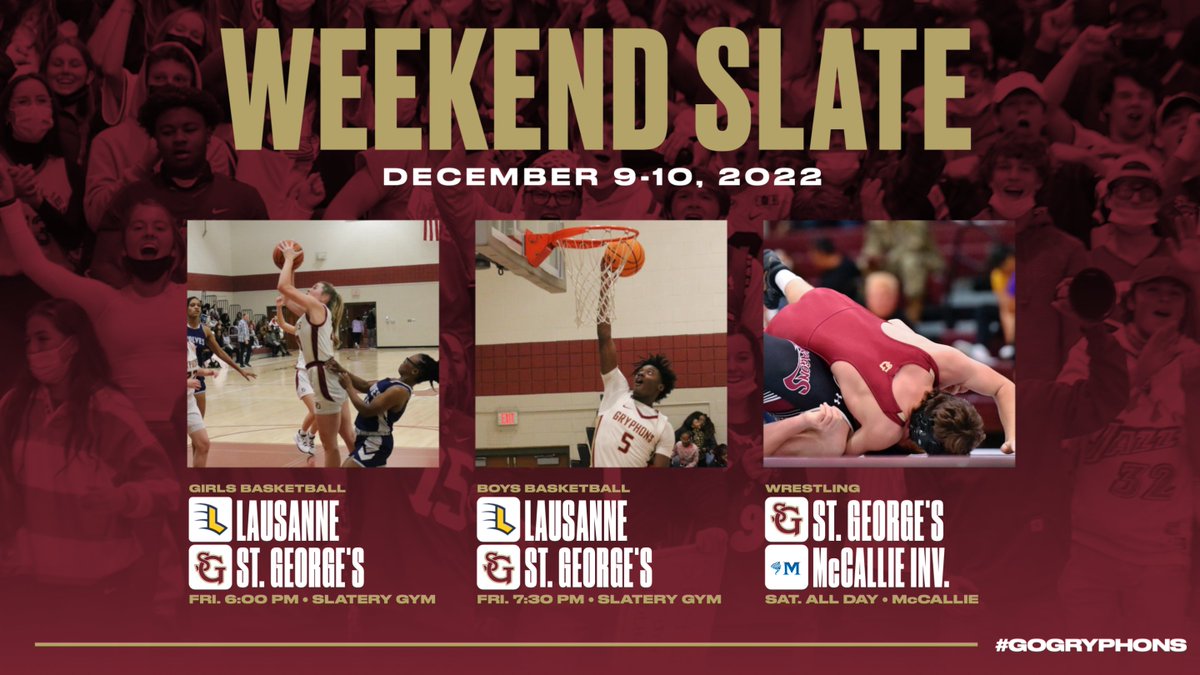 🚨Gameday🚨

Basketball takes on Lausanne tonight - Girls at 6, Guys at 7:30!
Wrestling travels to Chattanooga this weekend for the McCallie Invitational!

Just a few more chances to catch these Gryphons before the new year, so tune-in!

#PackSlatery #CaputEtPectus #GoGryphons