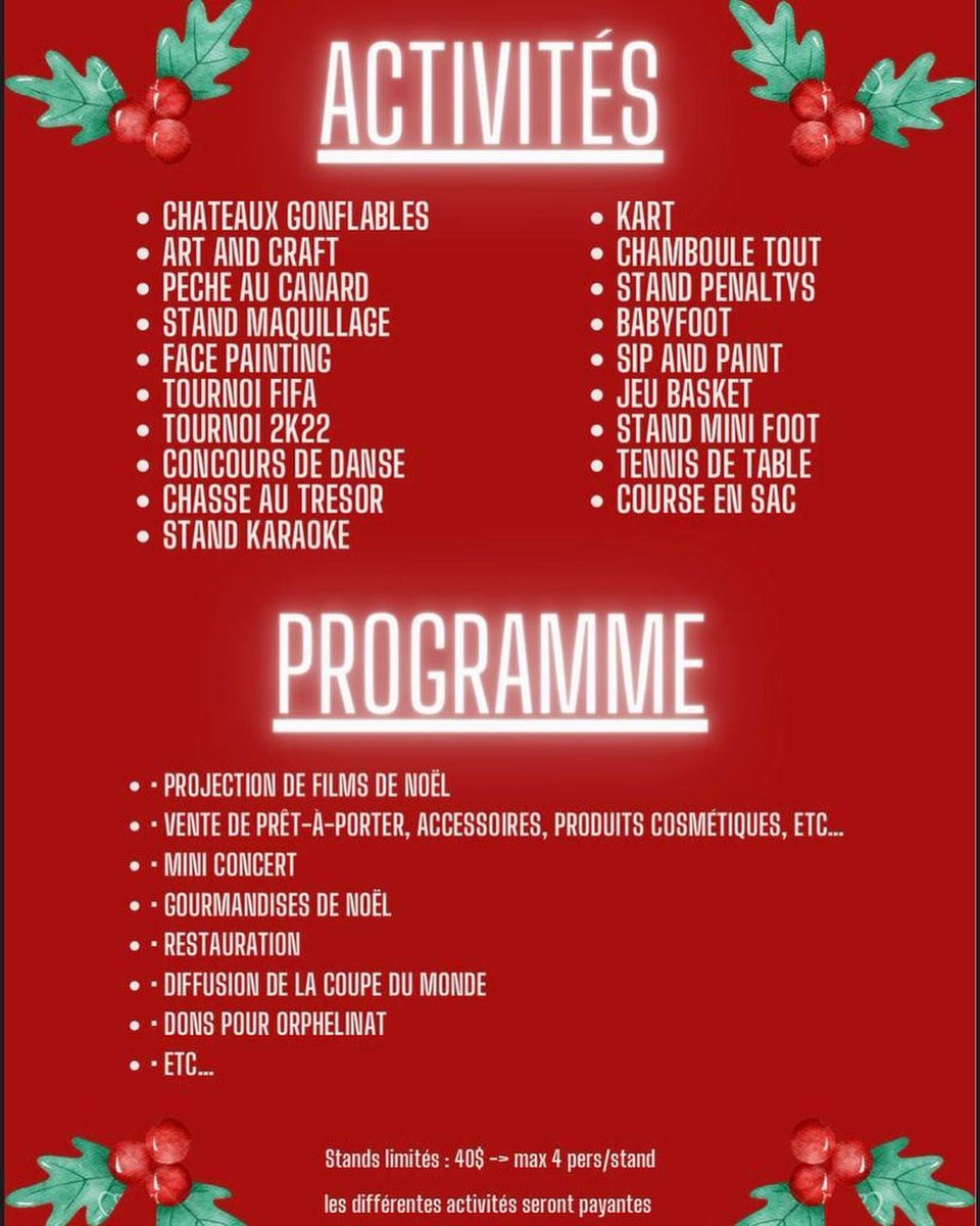 timscongo's tweet photo. Retrouvez nous ce samedi 10 décembre 2022 de 10h à 20h au Lycée Francais René Descartes pour le Marché de Noël

Venez y nombreux.

Entrée:
*Prévente*
- Enfants: 5$
- Adulte: 10$

*Jour J*
- Enfants: 10$
- Adultes: 15$

Contacts: 0855 254 444/ 0973 559 111 https://t.co/sILD3sBxEY