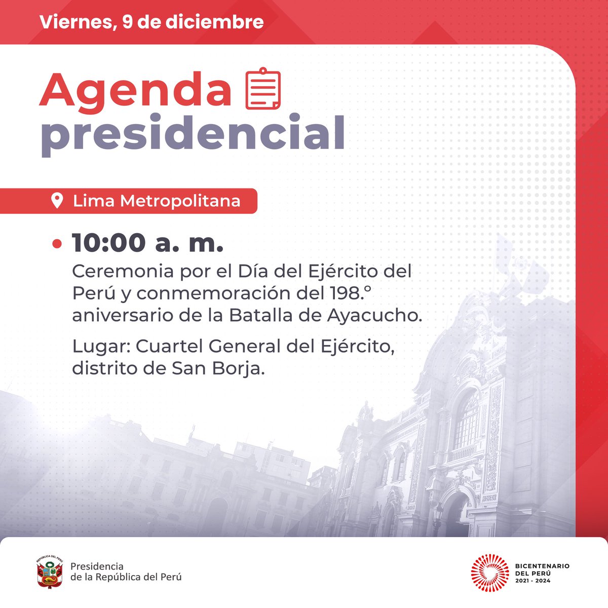 presidenciaperu's tweet photo. La jefa de Estado, @DinaErcilia Boluarte, presidirá esta mañana la ceremonia por el Día del Ejército del Perú y conmemoración del 198.º aniversario de la Batalla de Ayacucho, en San Borja. https://t.co/YlhQxTVXOP