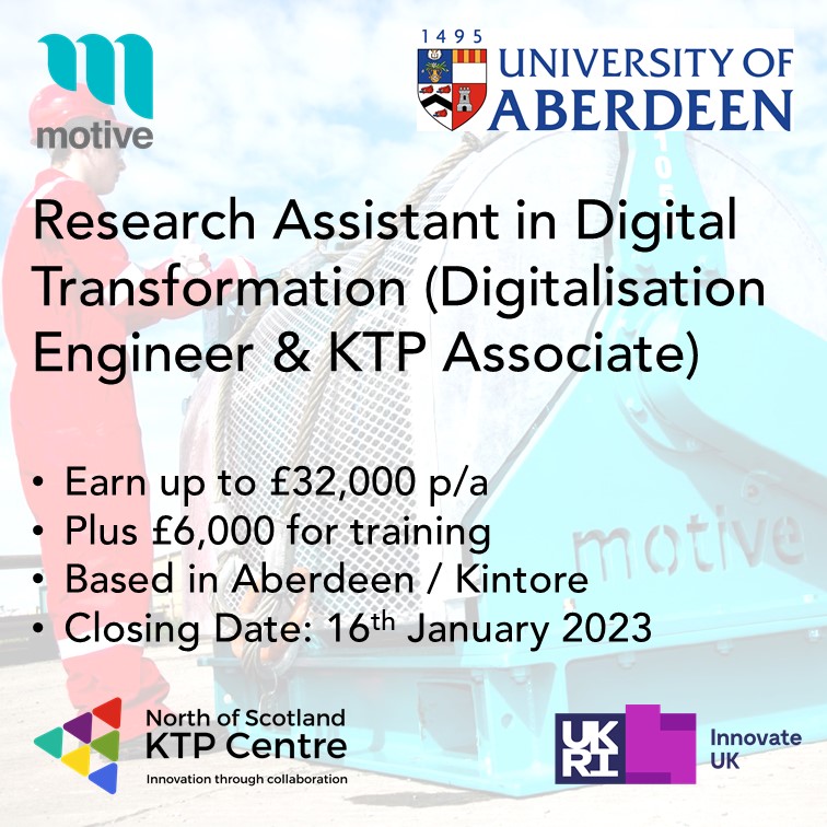 Excellent opportunity for a #engineering or #sensors specialist to join a 36 month #Aberdeenshire based #KTP project with <a href="/MotiveOffshore/">Motive Offshore Group</a> and <a href="/aberdeenuni/">University of Aberdeen</a>

Salary up to £32,000 pa with £6k training budget. Closes 16th January 2023, apply now: bit.ly/3Hk3xWl