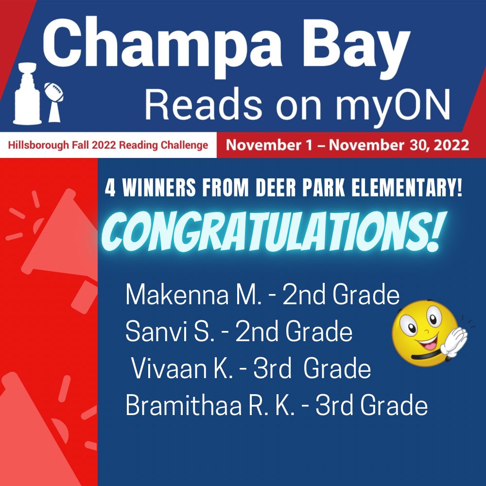 Congratulations 4 students from Deer Park selected as winners for the district wide November Myon Challenge <a href="/myONreader/">myON by Renaissance</a> <a href="/HillsboroughSch/">Hillsborough Schools</a>