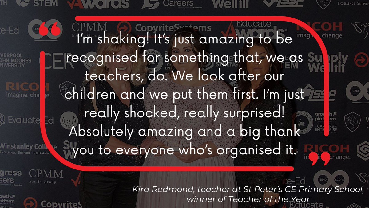 EducateAwards's tweet photo. We're sure that Kira Redmond's words will resonate with many of you wonderful #teachers!

See what Kira, a teacher at St Peter's CE Primary School, said after receiving the Teacher of the Year award 👇

This category is sponsored by @CerNorth 🌟

#EducateAwards https://t.co/614hBcJUkt