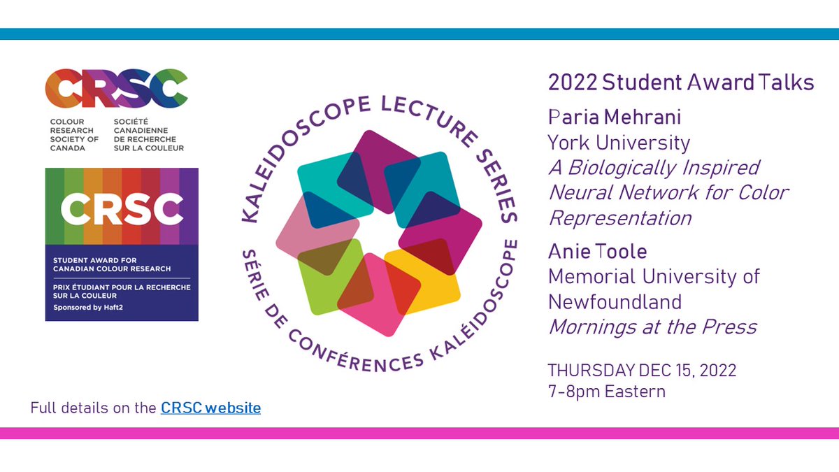 Join #CRSC for virtual talks by CRSC's 2022 Student Award Winners #Dec15 7pm ET. 👉eventbrite.ca/e/kaleidoscope…
#virtualtalk #colour #colorresearch