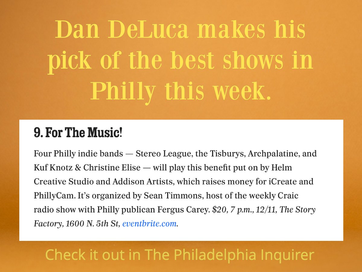 thanks to <a href="/delucadan/">Dan DeLuca</a> for including For The Music! at <a href="/StoryFactoryPHL/">TheStoryFactoryPHL</a> this Sunday in <a href="/PhillyInquirer/">The Philadelphia Inquirer</a>'s concert picks for the week! inquirer.com/entertainment/…