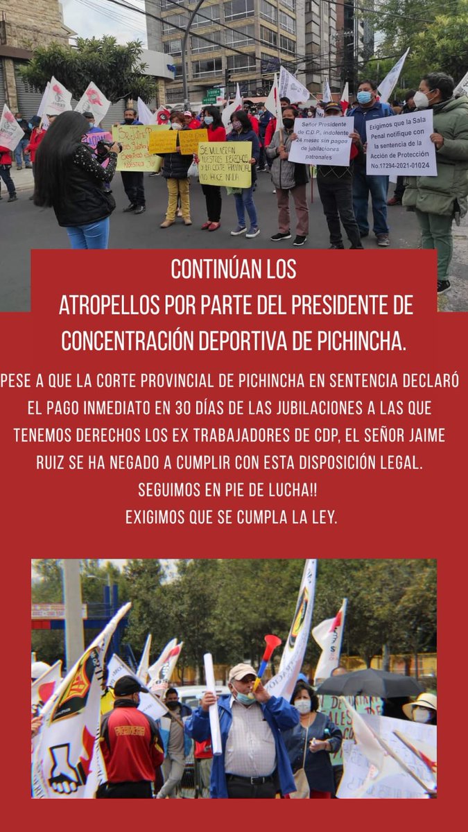 CentroTrabajoEc's tweet photo. 🚫 Jaime Ruiz, presidente de la Concentración Deportiva de Pichincha se niega a cumplir con la sentencia que le obliga a cancelar las jubilaciones patronales adeudadas. ¡Exigimos justicia!
@CJudicaturaEc 
@FiscaliaEcuador 
@DDHH_Alianza https://t.co/LMPzwOUdZL
